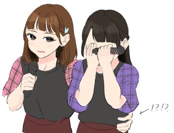 2girls animification black_hair black_shirt blush_visible_through_hands brown_hair brown_skirt character_request check_character commentary_request covering_face hair_ornament hand_on_another&#039;s_waist hands_on_own_face holding holding_microphone kurusu_rin link!_like!_love_live! llkapital long_hair love_live! medium_hair microphone multiple_girls nirei_nozomi pink_sleeves plaid_clothes plaid_sleeves purple_sleeves rabbit_hair_ornament real_life shirt short_sleeves skirt voice_actor yuri