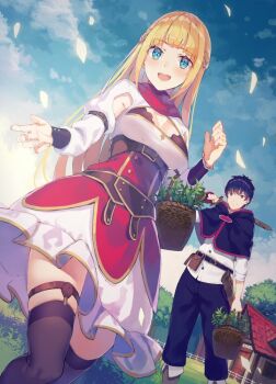 Rule 34 | 1boy, 1girl, basket, black capelet, black hair, black pants, blonde hair, blue eyes, blue sky, boots, braid, brown boots, brown thighhighs, capelet, cleavage cutout, clothing cutout, commentary request, textless cover page, day, dress, falling petals, fold-over boots, half up braid, holding, holding sword, holding weapon, long hair, long sleeves, official art, open mouth, outdoors, over shoulder, overskirt, pants, petals, red (shin no nakama), red overskirt, red scarf, red trim, rit (shin no nakama), scarf, shin no nakama janai to yuusha no party wo oidasareta no de henkyou de slow life suru koto ni shimashita, shirt, sky, smile, solo focus, sword, teeth, thigh strap, thighhighs, upper teeth only, weapon, weapon over shoulder, white dress, white shirt, yasumo (kuusouorbital)