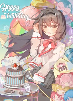 1girl absurdres akemi_homura balloon birthday black_eyes black_hair black_hairband black_pantyhose black_skirt blue_sky bow bowtie brown_shirt cake character_doll charlotte_(madoka_magica) checkerboard_cookie chocolate_chip_cookie cloud commission confetti cookie cowboy_shot cup day doll dot_nose english_text floating_clothes floating_hair food frilled_shirt frilled_sleeves frills garland_(decoration) hair_between_eyes hairband hand_in_own_hair hao_xihuan_chi_da_jitui happy_birthday highres juliet_sleeves kaname_madoka layered_shirt light_blush long_hair long_sleeves looking_at_food mahou_shoujo_madoka_magica mahou_shoujo_madoka_magica_(anime) midriff_peek miki_sayaka miniskirt mitakihara_school_uniform open_mouth outdoors pantyhose party_popper plaid_clothes plaid_skirt pleated_skirt pocket puffy_sleeves rainbow red_bow red_bowtie sakura_kyoko sample_watermark school_uniform shirt skirt sky sleeve_cuffs sleeves_past_wrists spill square_neckline standing surprised tea teacup teapot teeth tomoe_mami turtleneck turtleneck_shirt upper_teeth_only very_long_hair watermark white_shirt wind