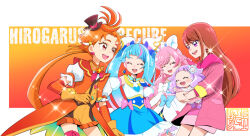 Rule 34 | 1boy, 4girls, arm around waist, artist logo, black hat, blue bow, blue dress, blue hair, bow, braid, brooch, brown hair, carrying, child carry, closed eyes, coattails, copyright name, cropped jacket, cure prism, cure sky, cure wing, cut bangs, detached sleeves, dress, dress bow, earclip, earrings, elbow gloves, ellee-chan, french braid, frilled dress, frilled shorts, frills, gloves, gradient hair, hat, hijiri ageha, hirogaru sky! precure, hood, hood down, hoodie, jacket, jewelry, kamikita futago, layered dress, layered gloves, leg ribbon, long hair, long hoodie, long sleeves, looking at another, magical boy, magical girl, mini hat, mini top hat, multicolored hair, multiple girls, nijigaoka mashiro, open clothes, open jacket, open mouth, orange gloves, orange hair, orange jacket, orange shirt, orange shorts, pink bow, pink hair, pink hoodie, pink jacket, precure, puffy detached sleeves, puffy short sleeves, puffy sleeves, purple eyes, purple hair, red eyes, ribbon, shirt, short dress, short shorts, short sleeves, shorts, side-by-side, side braids, single earring, single sidelock, sleeveless, sleeveless dress, smile, sora harewataru, standing, streaked hair, stud earrings, text background, top hat, twintails, two-tone dress, two-tone hair, very long hair, white dress, white gloves, wing brooch, wing hair ornament, yuunagi tsubasa