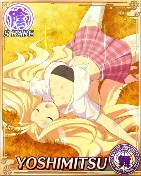 1girl antenna_hair aura black_shirt black_tube_top blonde_hair border breasts card_(medium) character_name cleavage closed_eyes crop_top exhausted frown game_cg hair_intakes large_breasts long_hair maisen_university_high_school_uniform midriff navel official_art open_mouth parted_bangs pink_skirt plaid_clothes plaid_skirt pleated_skirt school_uniform senran_kagura senran_kagura_new_wave shirt short_sleeves skirt solo spread_legs strapless thighhighs tied_shirt tube_top white_shirt white_thighhighs yoshimitsu_(senran_kagura)