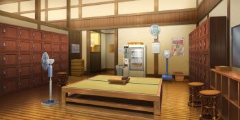 basket cable calendar_(object) electric_fan game_cg highres indoors locker locker_room no_humans official_art poster_(object) table third-party_source touhou touhou_lostword trash_can vending_machine weighing_scale