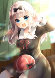 1girl :d \m/ arm_up black_bow black_dress blue_eyes bow breasts commentary_request dress fujiwara_chika hair_bow hat highres indoors kaguya-sama_wa_kokurasetai_~tensai-tachi_no_renai_zunousen~ long_sleeves looking_at_viewer open_mouth pink_hair red_hat school_uniform shuuchiin_academy_school_uniform smile solo sunao sunlight unworn_hat unworn_headwear window