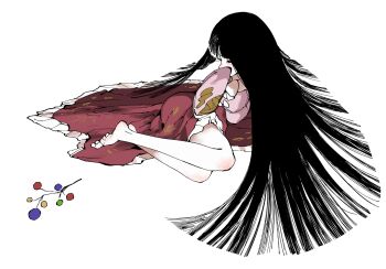 1girl asuzemu barefoot black_hair branch closed_eyes frills full_body hand_to_own_mouth hime_cut houraisan_kaguya jeweled_branch_of_hourai legs long_hair lying on_side pink_shirt red_skirt shirt skirt solo thighs touhou very_long_hair white_background