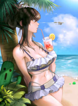 Rule 34 | 1girl, 2others, against tree, aircraft, airship, beach, bikini, bikini skirt, black hair, breasts, cleavage, cocktail glass, commentary, contrail, cup, drinking glass, english commentary, final fantasy, final fantasy vii, final fantasy vii rebirth, final fantasy vii remake, flower, frilled bikini, frills, hair flower, hair ornament, highres, highwind, large breasts, microskirt, multiple others, navel, ocean, official alternate costume, official alternate hairstyle, palm tree, revision, ruffle bikini, sabotender, skirt, stomach, swimsuit, thong bikini, tifa lockhart, tifa lockhart (shining spirit), tree, vinetsu, white bikini