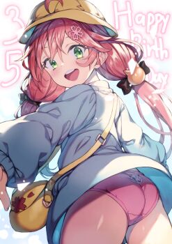 Rule 34 | 1girl, :d, aged down, ahoge, ass, bag, blue shirt, dated, green eyes, hair between eyes, hair ornament, happy birthday, hat, highres, hololive, kindergarten uniform, long hair, long sleeves, looking at viewer, looking back, low twintails, open mouth, panties, pink hair, pink panties, redcomet, round teeth, sakura miko, shirt, smile, solo, teeth, twintails, underwear, upper teeth only, virtual youtuber, yellow hat