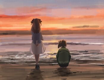 2girls beach black_ribbon blue_jacket brown_hair from_behind green_jacket hair_ribbon highres horizon jacket kamiina_botan_yoeru_sugata_wa_yuri_no_hana long_hair multiple_girls nazo_no_anime-dan ocean outdoors ribbon sand skirt squatting standing sunset two_side_up white_skirt yusa_akane