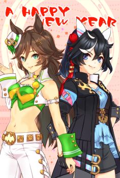2girls ahoge animal_ears arm_strap asymmetrical_jacket black_coat black_gloves black_hair black_shorts blue_eyes blue_shirt breasts brown_hair choker closed_mouth coat collarbone commentary_request cowboy_shot crop_top cropped_jacket ear_covers gloves green_shirt hair_between_eyes hair_ornament hairclip hand_up happy_new_year hat highres horse_ears horse_girl jacket katsuragi_ace_(dragon_rising_to_the_top)_(umamusume) katsuragi_ace_(umamusume) long_hair long_sleeves looking_at_viewer medium_breasts midriff mini_hat mini_top_hat mr._c.b._(clear_bliss)_(umamusume) mr._c.b._(umamusume) multicolored_hair multiple_girls navel new_year pants ponytail rin0401 shirt short_shorts shorts sidelocks single_bare_shoulder single_sleeve single_wrist_cuff smile standing strapless strapless_shirt streaked_hair tassel tassel_hair_ornament top_hat umamusume white_hair white_jacket white_pants wrist_cuffs yellow_choker