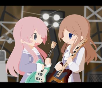 Rule 34 | 2girls, bang dream!, bang dream! it's mygo!!!!!, bass guitar, blue dress, blue eyes, blurry, blurry background, brown hair, chibi, chibi only, chihaya anon, closed mouth, commentary, dress, electric guitar, fang, grey eyes, guitar, highres, holding, holding bass guitar, holding guitar, holding instrument, instrument, kino (kino01xyz), letterboxed, long hair, long sleeves, microphone, multiple girls, nagasaki soyo, open mouth, pink hair, shirt, stage lights, white shirt