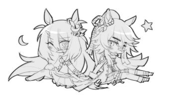 2girls absurdly_long_hair animal_ears arm_ribbon back-to-back bandaid bandaid_on_face bandaid_on_nose bikini bikini_skirt blush_stickers boots bow buttons chest_sarashi chibi coat crescent crescent_hair_ornament diamond_button dot_nose ear_ornament ear_ribbon ear_scrunchie expressionless fang frilled_skirt frills hair_between_eyes hair_ornament happy high_ponytail highres hishi_amazon_(azure_amazon)_(umamusume) hishi_amazon_(umamusume) horse_girl hwipa_(param_blue) knee_up light_frown long_hair long_hair_between_eyes miniskirt multiple_girls narita_brian_(maverick)_(umamusume) narita_brian_(umamusume) one_eye_closed open_clothes open_coat open_mouth plaid_clothes plaid_skirt pleated_skirt ponytail ribbon rope sandals sarashi scarf scrunchie shimenawa simple_background sitting skirt smile star_(symbol) stomach striped_clothes striped_scrunchie swimsuit thick_eyebrows thigh_boots tsurime umamusume very_long_hair white_background