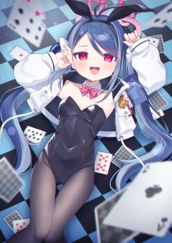 1girl :3 absurdres ace_(playing_card) ace_of_clubs ahoge alternate_costume animal_ear_hairband animal_ears antenna_hair armband black_hairband black_leotard black_pantyhose blue_archive blue_armband blue_hair blush bow bowtie breasts card checkered_floor club_(shape) commentary_request covered_navel detached_collar fake_animal_ears feet_out_of_frame fingerless_gloves fishnet_pantyhose fishnets fubuki_(blue_archive) gloves hair_bow hairband halo highleg highleg_leotard highres jacket leotard loli long_hair looking_at_viewer lying multicolored_hair nori_tama00 on_back on_floor open_clothes open_jacket open_mouth pantyhose pink_bow pink_bowtie pink_halo playboy_bunny playing_card police_badge rabbit_ears rabbit_tail red_bow red_eyes small_breasts smile solo strapless strapless_leotard tail teeth ten_of_hearts thigh_gap twintails upper_teeth_only white_bow white_jacket