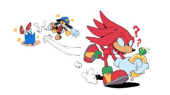 3boys ? animal_ears aryelsereio belt black_fur bracelet colored_sclera crossover faceplant furry furry_male gem gloves green_gemstone hat highres jewelry kaze_no_klonoa klonoa knuckles_the_echidna multiple_boys namco pac-man running sega sonic_(series) sonic_the_hedgehog sonic_the_hedgehog_(classic) star_(symbol) white_background yellow_sclera