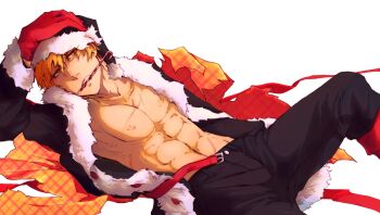 1boy black_pants bleach brown_eyes candy candy_cane christmas coat commentary english_commentary food food_in_mouth fur-trimmed_coat fur-trimmed_headwear fur_trim gift_wrapping gloves hair_between_eyes hat highres kurosaki_ichigo male_focus muscular muscular_male open_clothes open_coat orange_hair pants peppertea red_gloves santa_hat scar scar_on_chest solo