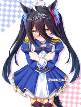 1girl animal_ears black_thighhighs blue_jacket blue_skirt blush bow closed_mouth collared_shirt cosplay covering_breasts covering_privates daiwa_scarlet_(peak_blue)_(umamusume) daiwa_scarlet_(umamusume) daiwa_scarlet_(umamusume)_(cosplay) ear_ribbon embarrassed epaulettes garter_straps hair_between_eyes hair_intakes hair_ornament highres horse_ears horse_girl jacket long_hair long_hair_between_eyes long_sleeves manhattan_cafe_(umamusume) pink_ribbon pleated_skirt puffy_sleeves purple_bow ribbon shirt showgirl_skirt skirt solo thighhighs tiara twintails twitter_username umamusume very_long_hair wavy_mouth white_shirt white_skirt yuusen_(aenka)