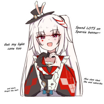 1girl :d animal_ears braid chirun0 choker clothing_cutout commentary diamond_(shape) diamond_facial_mark english_commentary english_text facial_mark frills gloves hat heart heart_facial_mark heart_hands honkai:_star_rail honkai_(series) open_mouth pink_eyes rabbit_ears shoulder_cutout side_braid single_glove smile sparkle_(honkai:_star_rail) sparxie_(honkai:_star_rail) twintails upper_body white_background white_hair