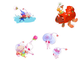 1boy absurdres aged_down backpack bad_tag bag bald big_nose black_eyes blue_pikmin blue_skin brown_hat bucket bud child closed_eyes colored_skin commentary cowboy_hat decorated_cannon_beetle english_commentary flower furrowed_brow gloves hands_on_headwear hat helmet helping highres holding holding_shovel holding_unworn_clothes holding_unworn_hat jason_lupas lifting_person multiple_views nintendo no_mouth olimar partially_submerged pikmin_(creature) pikmin_(series) pink_flower pointy_ears radio_antenna red_bag red_eyes red_gloves riding riding_animal sand shovel simple_background sitting solid_circle_eyes space_helmet spacesuit swimming triangle_mouth unworn_hat unworn_headwear walking white_background white_flower white_pikmin white_skin yellow_pikmin yellow_skin