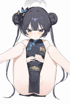 1girl ass bare_legs bare_shoulders black_dress black_hair blue_archive breasts butterfly_hair_ornament china_dress chinese_clothes closed_mouth collarbone dot_nose double_bun dragon_print dress feet_out_of_frame grey_eyes grey_halo hair_between_eyes hair_bun hair_ornament halo hands_up highres kisaki_(blue_archive) legs_up loli long_hair looking_at_viewer measho pelvic_curtain print_dress simple_background sitting sleeveless sleeveless_dress small_breasts smile solo split_mouth spread_legs sweatdrop twintails very_long_hair white_background