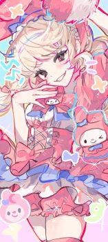 artist_request blonde_hair bloomers bow commission corset frilled_hairband frilled_skirt frills grin hair_bow hairband head_tilt highres identity_v lily_barriere lily_barriere_(stunning_my_melody) looking_at_viewer my_melody official_alternate_costume pink_bloomers pink_bow pink_corset pink_eyes pink_thighhighs sanrio second-party_source shirt_tucked_in short_twintails skirt smile thighhighs twintails underwear