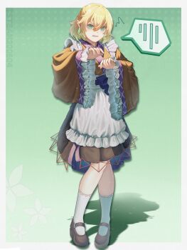 1girl absurdres adapted_costume apron blonde_hair blue_bow border bow brown_kimono brown_shoes brown_skirt commentary_request frilled_kimono frills full_body gradient_background green_background green_eyes hands_up highres japanese_clothes kimono maid mary_janes medium_hair mizuhashi_parsee open_mouth pointy_ears purple_trim s-tea-m shadow shoes skirt socks solo speech_bubble squiggle standing touhou twitter_username v-shaped_eyebrows wa_maid waist_apron waist_bow white_apron white_border white_socks wide_sleeves