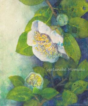 Rule 34 | artist name, branch, bud, camellia, commentary request, flower, flower focus, gouache (medium), jpeg artifacts, leaf, no humans, original, painting (medium), partial commentary, plant, plant focus, traditional media, watanabe momoko, watercolor (medium), watermark, white flower