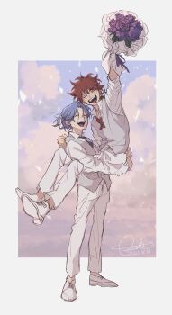 2boys alternate_costume ash_cst blue_hair blue_necktie blush bouquet carrying carrying_person closed_mouth commentary_request flower formal_clothes full_body hasegawa_langa highres holding holding_bouquet husband_and_husband kyan_reki male_focus multiple_boys necktie open_mouth pants red_hair red_necktie shoes sk8_the_infinity smile standing suit white_pants white_shoes white_suit yaoi