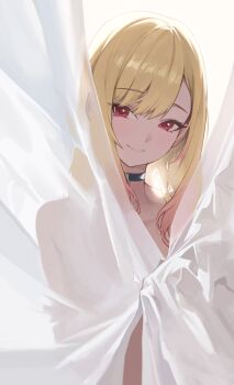 1girl absurdres behind_curtains black_choker blonde_hair blush choker commentary covering_privates curtain_grab curtains gradient_hair harui_(huruyi_817) highres kitagawa_marin looking_at_viewer multicolored_hair nude_cover red_eyes solo sono_bisque_doll_wa_koi_wo_suru swept_bangs