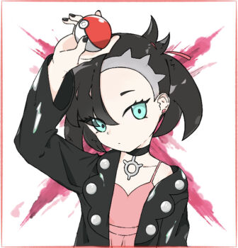 1girl arm_up asymmetrical_bangs black_choker black_hair black_jacket black_nails choker dress earrings ekakpr3 green_eyes hair_ribbon highres holding holding_poke_ball jacket jewelry looking_at_viewer marnie_(pokemon) nintendo pink_dress poke_ball poke_ball_(basic) pokemon pokemon_swsh ribbon single_off_shoulder solo stud_earrings twintails undercut upper_body