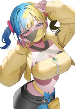 1girl aa44 arm_up blonde_hair blue_eyes blue_hair blue_nails blush breasts canari_(pokemon) crop_top hair_ornament hand_up highres large_breasts looking_at_viewer mask midriff mouth_mask multicolored_hair nail_polish nintendo pants pokemon pokemon_legends:_z-a simple_background solo split-color_hair twintails two-tone_pants white_background yellow_nails zipper_pull_tab