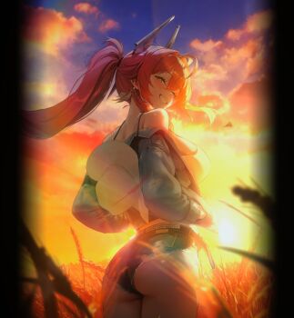 1girl ass bandage_on_nose bandaid bandaid_on_face black_horns chela77 commentary_request denim denim_shorts from_behind goddess_of_victory:_nikke hat_on_back highres horns mechanical_horns official_alternate_costume official_alternate_hairstyle official_art red_hood_(nikke) red_hood_(retro_days)_(nikke) shorts solo
