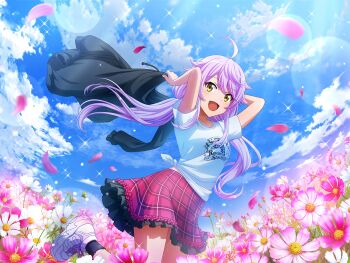 1girl :d ahoge arms_behind_head arms_up black_hoodie black_socks blue_sky clothes_writing cosmos_(flower) cowboy_shot day falling_petals field fisheye flower flower_field game_cg holding_hoodie hood hoodie leg_up lens_flare looking_at_viewer official_art open_mouth otonashi_ichie petals pink_flower pink_petals plaid_clothes plaid_skirt purple_hair red_skirt shirt shoes short_sleeves shoujo_kageki_revue_starlight shoujo_kageki_revue_starlight_-re_live- skirt sky smile socks solo sparkle tied_shirt twintails white_flower white_shirt white_shoes yellow_eyes