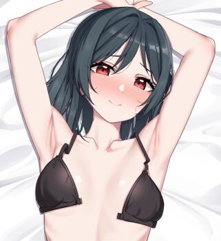 1girl absurdres armpits arms_up bed_sheet black_bra blush bra breasts closed_mouth front-tie_bra green_hair highres looking_at_viewer love_live! love_live!_nijigasaki_high_school_idol_club lying mifune_shioriko nasuno_(nasuno42) on_back on_bed open_bra red_eyes short_hair small_breasts smile solo underwear upper_body