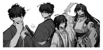 1boy 1other ahoge animalization braid braided_ponytail choker closed_mouth colored_tips cowboy_shot expressionless fate/samurai_remnant fate_(series) frown goshiko86g gradient_hair greyscale hair_between_eyes hand_on_own_chin highres holding holding_sword holding_weapon japanese_clothes jewelry katana kimono long_hair long_sleeves looking_at_viewer looking_to_the_side metabole_piglets miyamoto_iori_(fate) monochrome multicolored_hair multiple_expressions multiple_views necklace open_mouth pig short_hair sideless_outfit sidelocks sweatdrop sword tassel teeth topknot upper_body upper_teeth_only very_long_hair weapon wide_sleeves yamato_takeru_(fate) yamato_takeru_(third_ascension)_(fate)