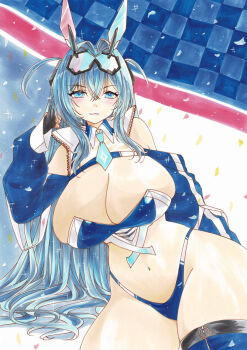 1girl :3 azur_lane black_gloves blue_eyes blue_hair blue_necktie blue_panties blue_thighhighs breasts cleavage crossed_bangs fingerless_gloves gloves hair_intakes hand_up highres huge_breasts long_hair looking_at_viewer marker_(medium) navel necktie new_jersey_(azur_lane) new_jersey_(black_blur_prelude)_(azur_lane) official_alternate_costume panties race_queen solo stomach thighhighs traditional_media underwear uzuharu_(uduharu)