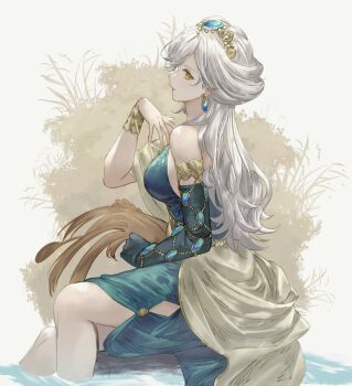 1girl bracer breasts cropped_legs dress earrings elbow_gloves eternity_(reverse:1999) feet_out_of_frame from_side gem_hair_ornament gloves gold_hairband green_dress green_gloves grin hairband hand_up highres jewelry long_hair looking_at_viewer mmihpyy official_alternate_costume profile reverse:1999 side_slit single_elbow_glove sitting sleeveless sleeveless_dress smile solo wheat white_hair yellow_eyes