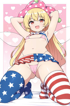 1girl absurdres american_flag american_flag_print american_flag_skirt armpits arms_up bikini blonde_hair breasts cameltoe clownpiece commentary_request covered_erect_nipples fairy_wings flag_print gluteal_fold hat heart heart_background highres jester_cap loli long_hair looking_at_viewer microskirt pink_bikini pink_hat polka_dot print_skirt red_eyes rizento skirt small_breasts smile solo star_(symbol) star_print striped_clothes striped_thighhighs sweatdrop swimsuit thighhighs touhou transparent_wings very_long_hair wings