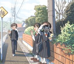 Rule 34 | 1boy, 2girls, adjusting hair, arm at side, black dress, black jacket, blush, brown footwear, buttons, collared jacket, compact (cosmetics), day, dress, embarrassed, fence, full body, gakuran, hand on own head, highres, holding compact, house, jacket, loafers, looking at another, low twintails, multiple girls, neck ribbon, open hand, original, outdoors, pinafore dress, pleated dress, power lines, profile, red ribbon, ribbon, road sign, school uniform, shadow, shoes, sidewalk, sign, sleeveless, sleeveless dress, socks, twintails, utility pole, wakaba maekawa, walking, waving, white socks