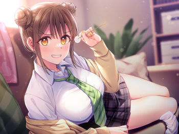 black_skirt blurry blurry_background blush breasts brown_eyes brown_hair cardigan collared_shirt couch cushion diagonal-striped_clothes diagonal-striped_necktie double_bun green_necktie grin hair_bun hair_ornament hairclip highres indoors large_breasts leaf long_sleeves looking_at_viewer lying mimikaki necktie on_side original plant pleated_skirt potted_plant school_uniform shelf shirt skirt smile striped_clothes striped_necktie super_nagoyaka sweater teeth thighs v-shaped_eyebrows white_shirt window yellow_cardigan yellow_nails