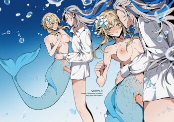 1boy 1girl blonde_hair blue_hair blush breasts closed_mouth flower genshin_impact hair_between_eyes hair_flower hair_ornament highres long_hair long_sleeves lumine_(genshin_impact) medium_breasts mermaid monster_girl multicolored_hair neuvillette_(genshin_impact) nipples penis pointy_ears pussy quinny_il scar shirt streaked_hair topless_female vaginal white_hair white_shirt yellow_eyes