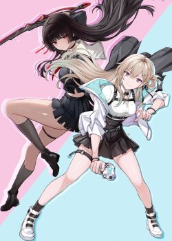 Rule 34 | 2girls, arm cutout, black choker, black hair, black jacket, black nails, black ribbon, black serafuku, black shirt, black shoes, black skirt, black socks, blonde hair, breasts, chisa (wuthering waves), choker, closed mouth, clothing cutout, collared shirt, commentary, earrings, fingernails, fishnet thigh strap, gun, hair between eyes, hair ornament, hair ribbon, harness, highres, holding, holding gun, holding sword, holding weapon, jacket, jewelry, long hair, long sleeves, looking at viewer, lynae (wuthering waves), medium breasts, multiple girls, nail polish, neckerchief, purple eyes, red eyes, red neckerchief, red ribbon, ribbon, sailor collar, saint laurent paris, school uniform, serafuku, shirt, shirt tucked in, shoes, skirt, skull hair ornament, smile, socks, star (symbol), star earrings, sword, thigh strap, thighs, weapon, white jacket, white sailor collar, white shirt, white shoes, wuthering waves