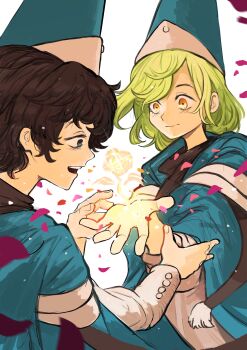 2girls absurdres agott_(tongari_boushi_no_atelier) black_hair coco_(tongari_boushi_no_atelier) fingernails fire flower green_hair hat highres illustsushi magic multiple_girls qifrey&#039;s_atelier_apprentice_uniform short_hair tongari_boushi_no_atelier yellow_eyes