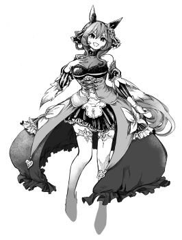 Rule 34 | 1girl, animal ears, breasts, censored, censored feet, cleavage, collarbone, dress, ear covers, gentildonna (umamusume), gloves, hair between eyes, hair ornament, hair rings, hand on own chest, highres, horse ears, horse girl, large breasts, long hair, looking at viewer, mame nabe donko, medium hair, simple background, skirt, smile, solo, umamusume, white background, white gloves