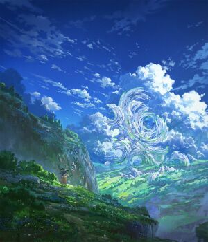 1girl cliff cloud cloudy_sky cyclecircle from_behind hat mountain mushoku_tensei nature roxy_migurdia ruins scenery sky witch_hat