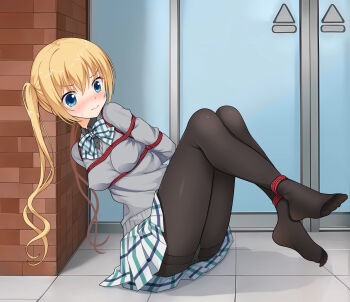 1girl 3: absurdres arms_behind_back bdsm black_pantyhose black_shirt blend_s blonde_hair blue_eyes blush bondage bound bound_ankles bow bowtie breasts closed_mouth collared_shirt commentary day embarrassed eyes_visible_through_hair feet feet_up full_body grey_sweater hair_between_eyes highres hinata_kaho legs legs_together long_hair looking_ahead medium_breasts meitoku miniskirt no_shoes nose_blush outdoors panties panties_under_pantyhose pantyhose plaid_bow plaid_bowtie plaid_clothes plaid_skirt pleated_skirt public_indecency shibari shirt sitting skirt solo sweatdrop sweater tearing_up tears thighband_pantyhose thighs toes twintails underwear v-shaped_eyebrows white_skirt