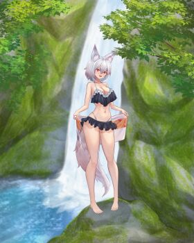 1girl :d absurdres animal_ears barefoot bikini black_bikini blush breasts cleavage commentary frilled_bikini frills full_body grey_hair highres inubashiri_momiji large_breasts looking_at_viewer mikotouca navel open_mouth outdoors red_eyes short_hair smile solo standing swimsuit tail touhou towel tree water waterfall wolf_ears wolf_girl wolf_tail