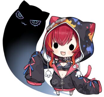 Rule 34 | 1girl, :d, animal hood, black collar, black jacket, breasts, capriccio, chibi, cleavage, collar, commentary request, crossed bandaids, fangs, goggles, goggles on head, hair between eyes, hood, hood up, hooded jacket, jacket, long hair, long sleeves, medium breasts, multicolored hair, navel, nekota tsuna, open mouth, orange hair, puffy long sleeves, puffy sleeves, red hair, sleeves past fingers, sleeves past wrists, smile, solid oval eyes, standing, streaked hair, tail, thick eyebrows, virtual youtuber, vspo!, white background