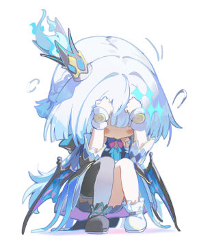 Rule 34 | 1girl, absurdres, blue dress, blue hair, blush stickers, cerydra (honkai: star rail), chibi, chibi only, coria, cowering, crown, detached sleeves, dress, full body, hair intakes, hands up, hashtag-only commentary, head down, highres, honkai: star rail, honkai (series), long hair, simple background, sitting, solo, thighs, white background
