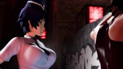 1boy 2girls 3d amateurthrowaway animated ass bare_legs blue_eyes blue_hair bouncing_breasts breasts bulge cellphone clothes_lift clothing_aside couch cum cum_in_pussy dark-skinned_male dark_skin full_nelson functionally_nude high_heels instant_loss interracial large_breasts legs_up long_legs multiple_girls night nipples on_couch outdoors paizuri panties panties_aside pencil_skirt penis penis_awe persona persona_4 phone police police_uniform policewoman sex sex_from_behind shirogane_naoto short_hair skirt skirt_lift sound spread_legs tagme uncensored underwear vaginal video white_panties