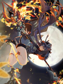 1girl absurdres black_shoes brown_dress brown_hair brown_hat dress fire full_moon genshin_impact hat highres holding holding_polearm holding_weapon hu_tao_(genshin_impact) looking_at_viewer mochi_upamo moon polearm red_eyes shoes short_shorts shorts smile socks solo symbol-shaped_pupils twintails weapon white_socks
