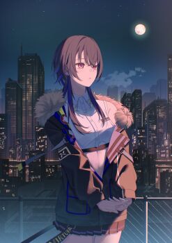 1girl absurdres artistic_error black_hair black_jacket black_skirt blue_hair breasts closed_mouth collared_shirt cropped_shirt crossed_bangs earrings fur-trimmed_jacket fur_trim hashtag-only_commentary highres ichinose_uruha ichinose_uruha_(4th_costume) jacket jewelry long_hair long_sleeves maria_onnette medium_breasts miniskirt moon multicolored_hair night night_sky outdoors pleated_skirt purple_eyes shirt sidelocks signature skirt sky solo standing stomach streaked_hair upper_body virtual_youtuber vspo! white_shirt wolf_cut