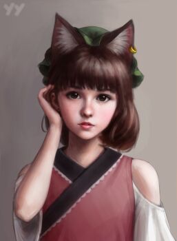 Rule 34 | 1girl, adapted costume, animal ear fluff, animal ear piercing, animal ears, bare shoulders, blunt bangs, blush, cat ears, chen, expressionless, extra ears, fangs, flat chest, foul detective satori, green hat, hair behind ear, hand up, hat, highres, looking at viewer, medium hair, mob cap, non-web source, nose, parted lips, realistic, red vest, shadow, short sleeves, sidelighting, solo, touhou, tucking hair, up sleeve, vest, yyf (seaknight)